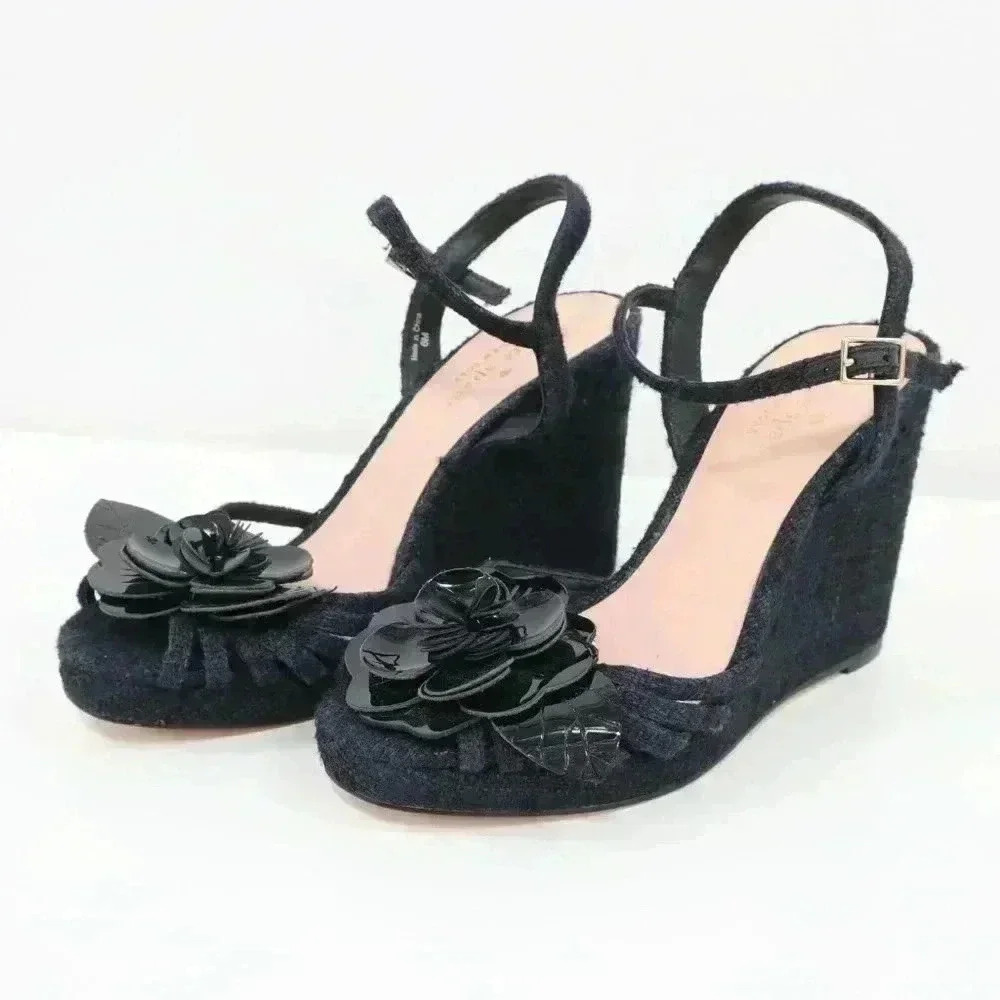 Kate Spade Beekman Espadrille Wedge Sandals Black Flower - Size 7.5